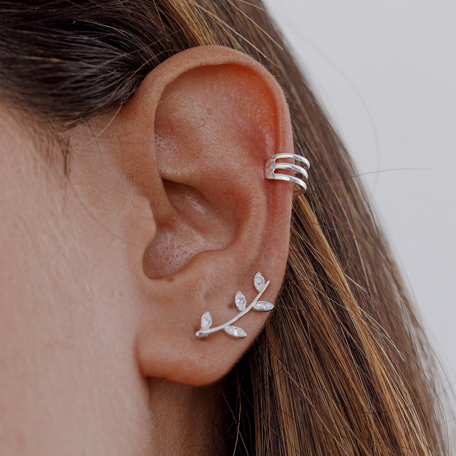 Modelo Oreja Pendientes Trepadores Leaves Bright Plata de Ley 925 bañados en Oro con Circonitas Blancas